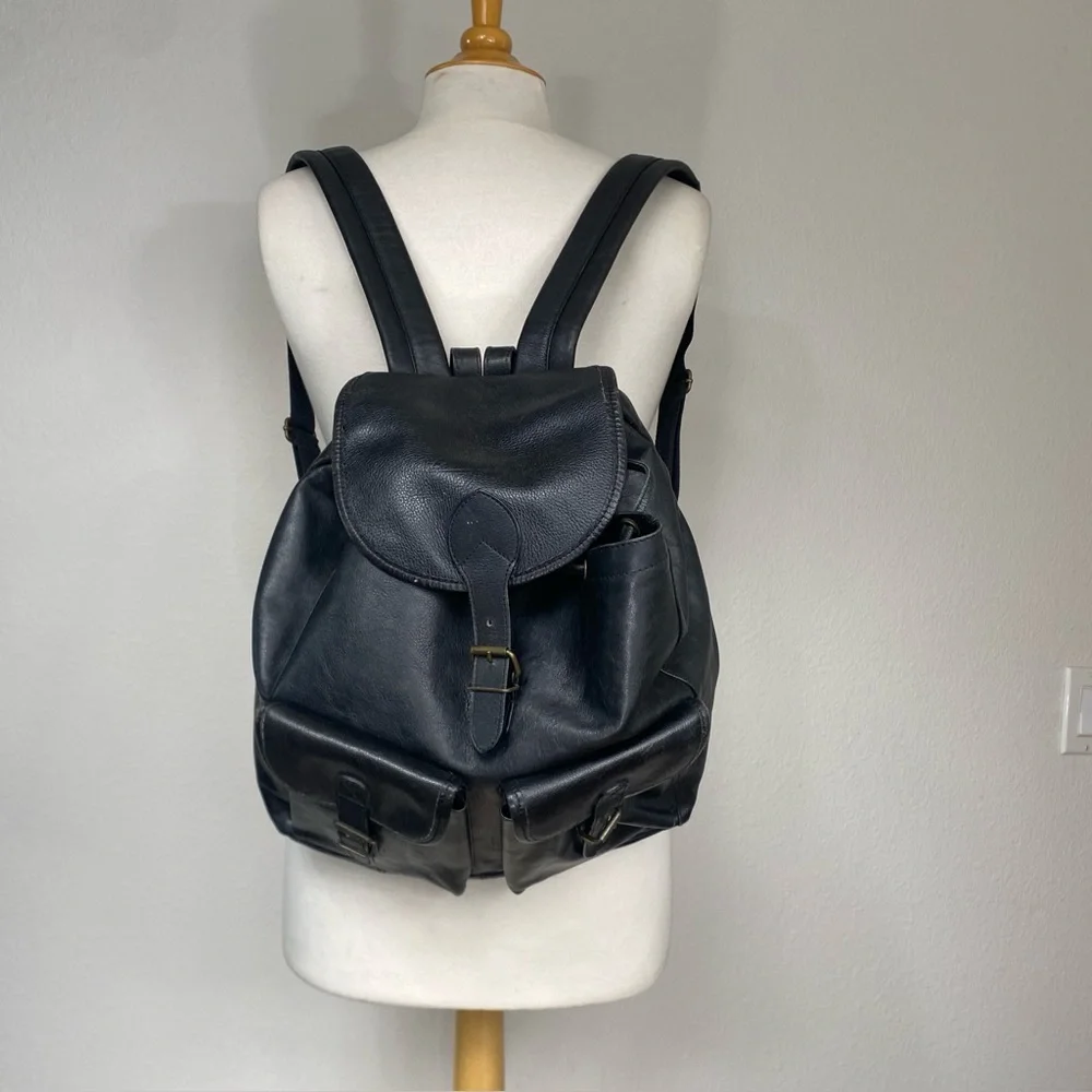 Vintage Women's Y2K Black Leather Multi Pocket Buckle Backpack Purse Streetwear